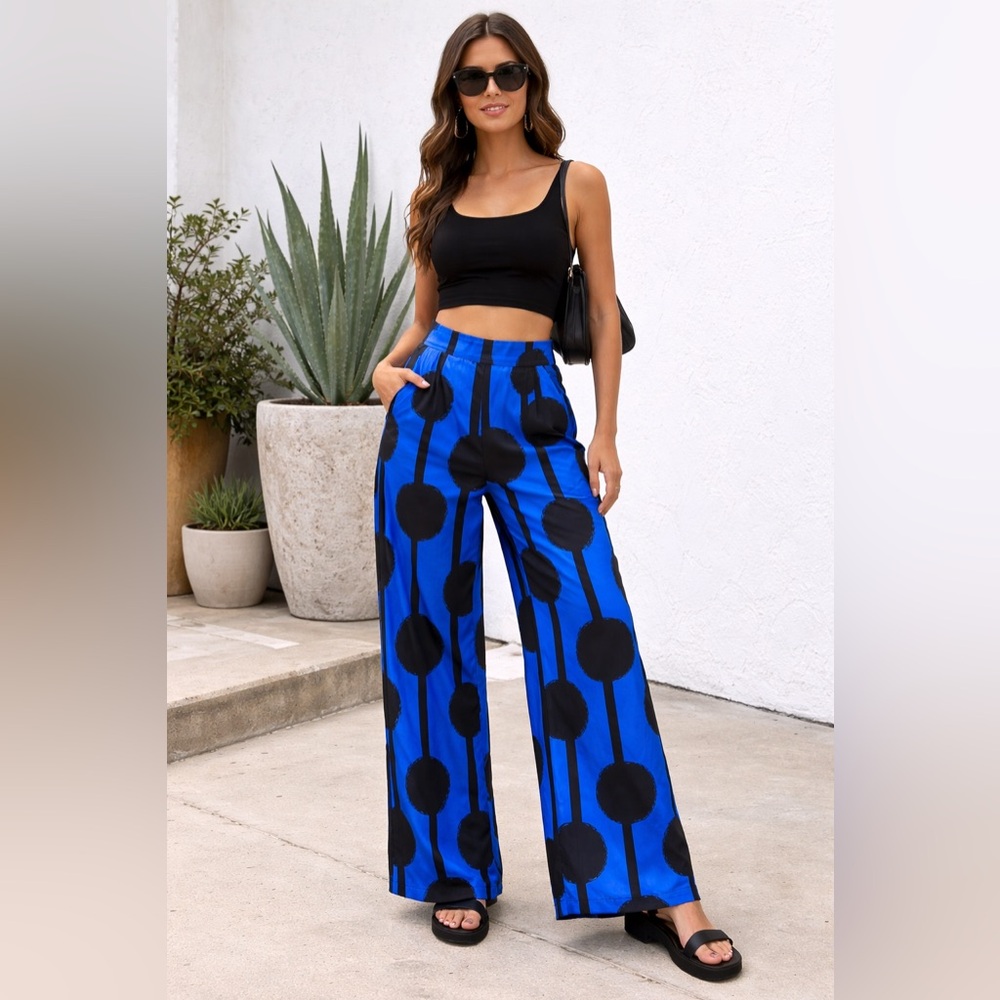 Emery Rose Blue & Black Wide Leg Palazzo Pants XL High Rise Bold Print [000324]